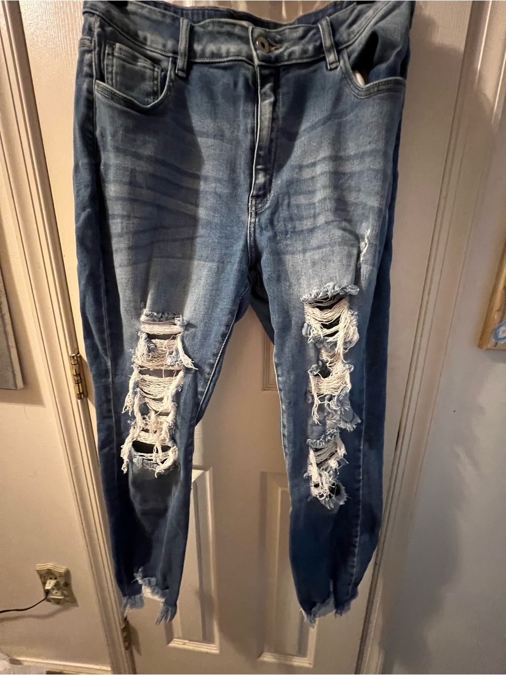 Womens Distressed Blue Denim Jeans - Ripped Slim Fit